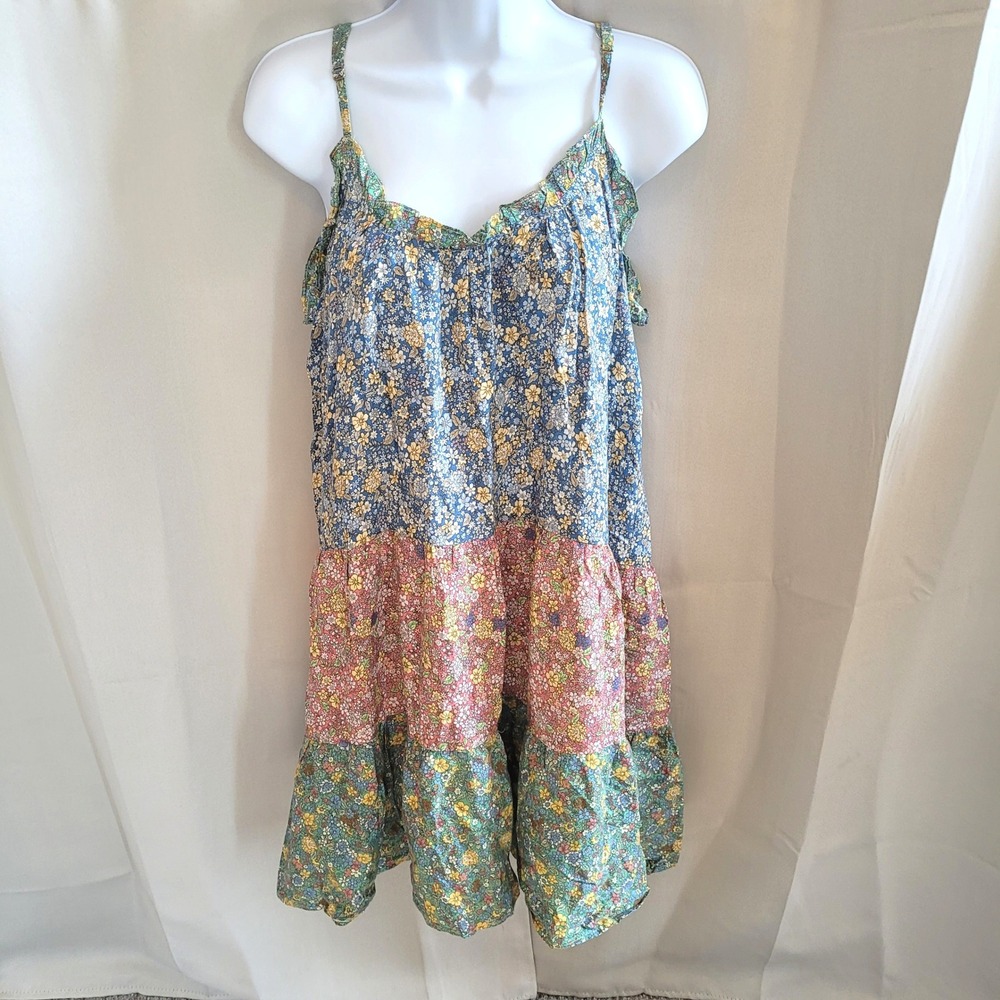 Natural Life Cami Dress Medium Tiered Floral Patchwork Boho Hippie Flowy 21679